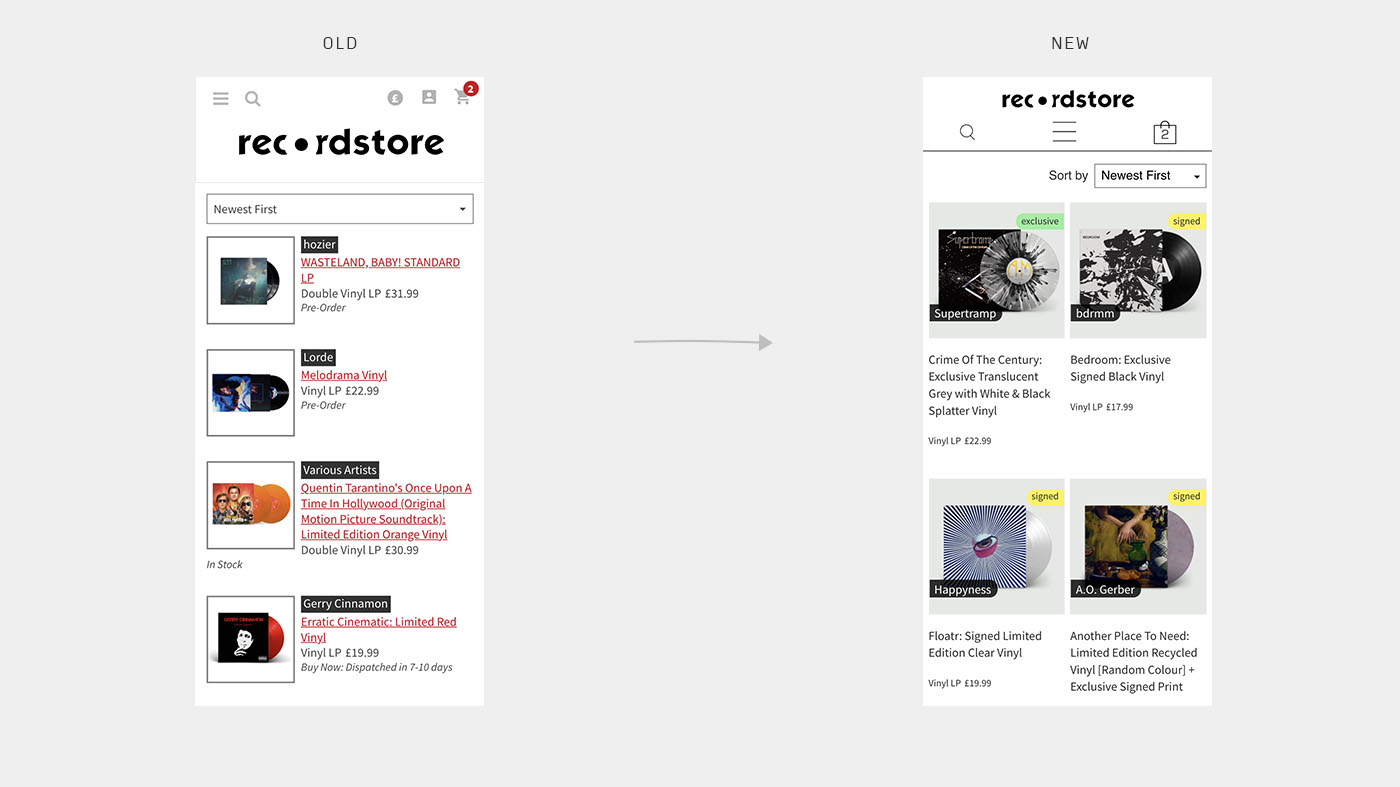 Recordstore old vs new product list page design on mobile view