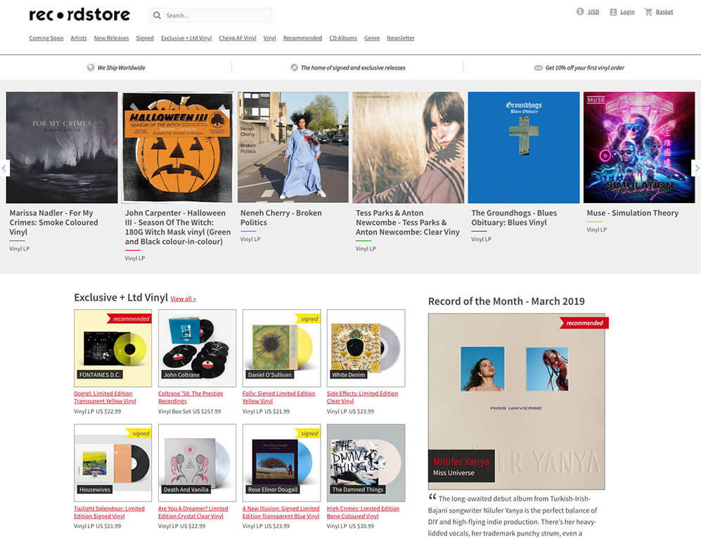 Old design of Record Store homepage