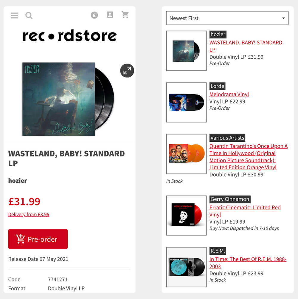 Old design of Record Store mobile pages