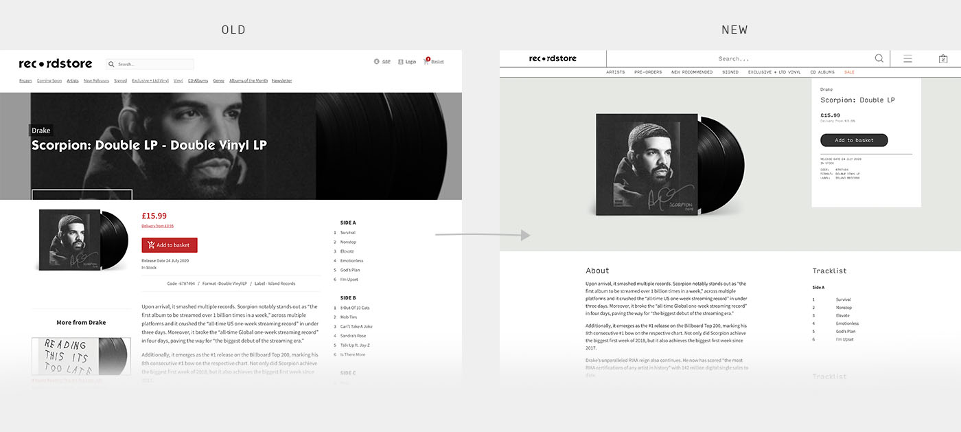 Recordstore old vs new product page design on desktop