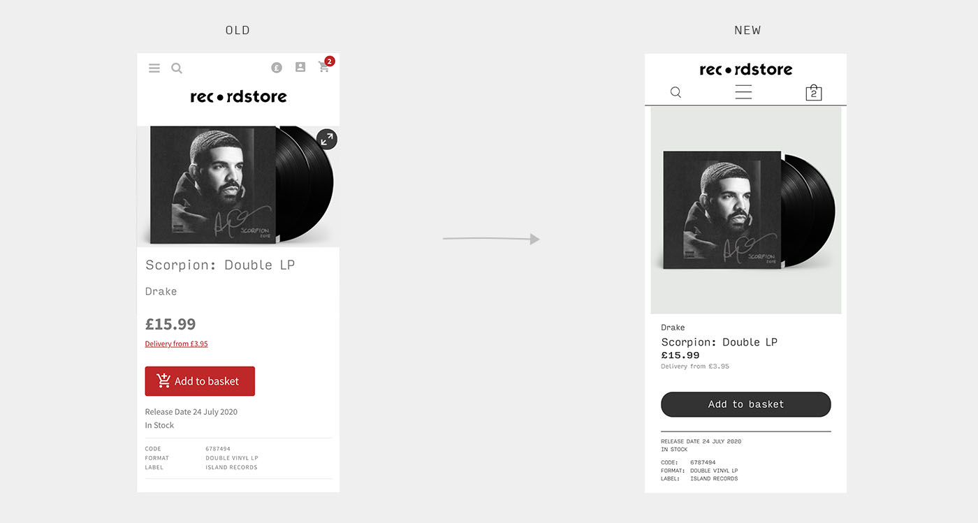 Recordstore old vs new product page design on mobile view